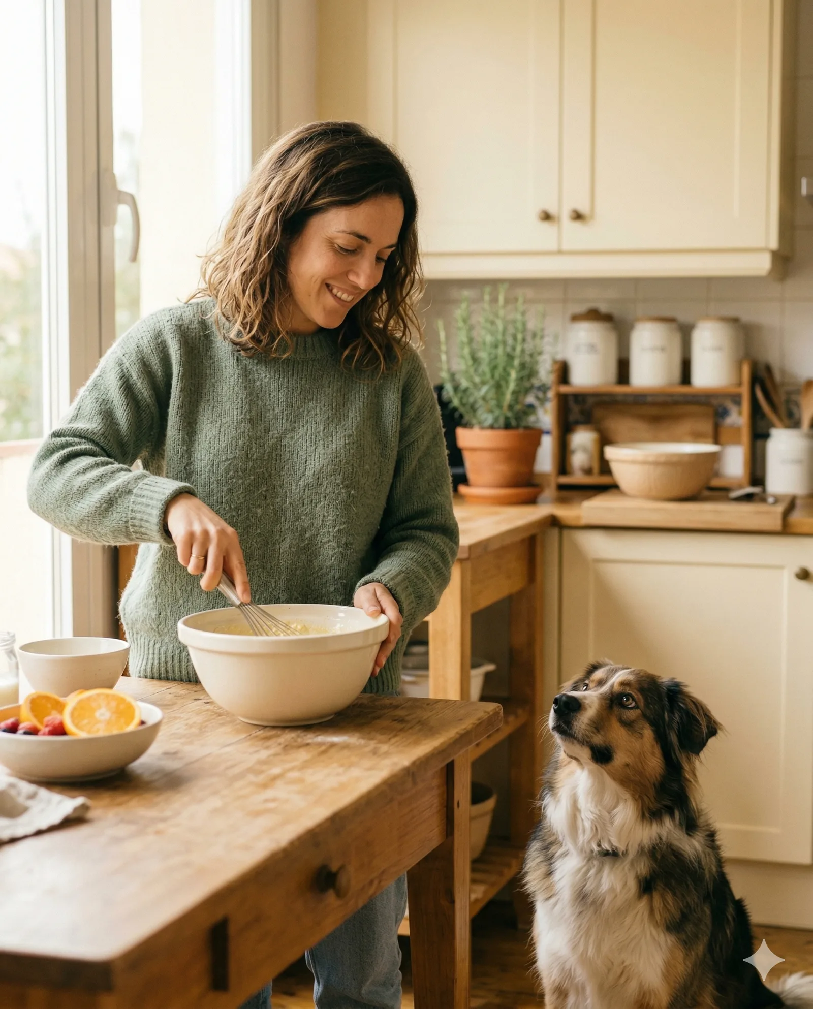 Mujer preparando una tarta para su perro
